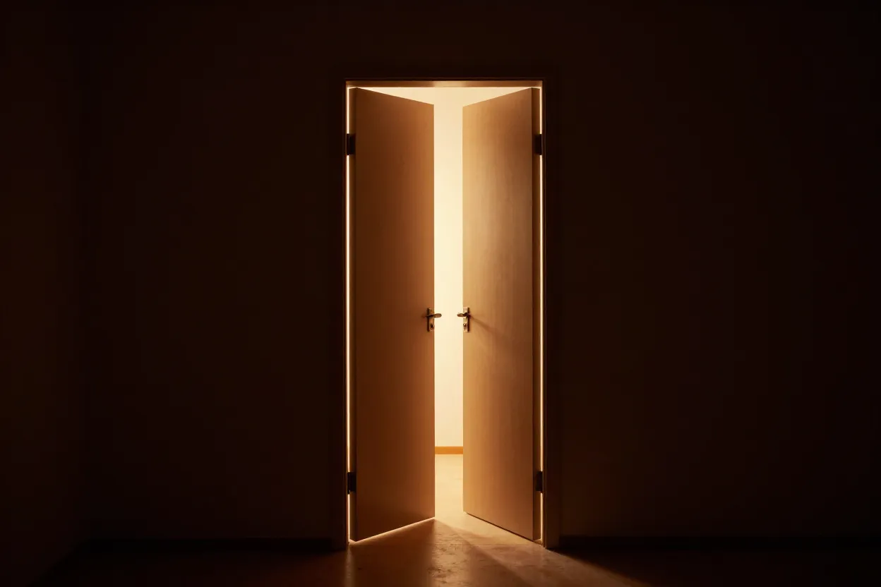 An open door with warm light coming through