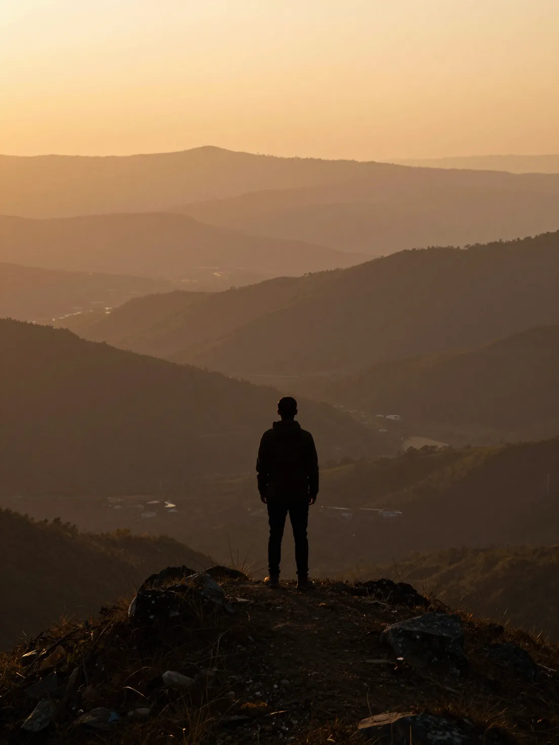 A figure looking out over a valley at golden hour